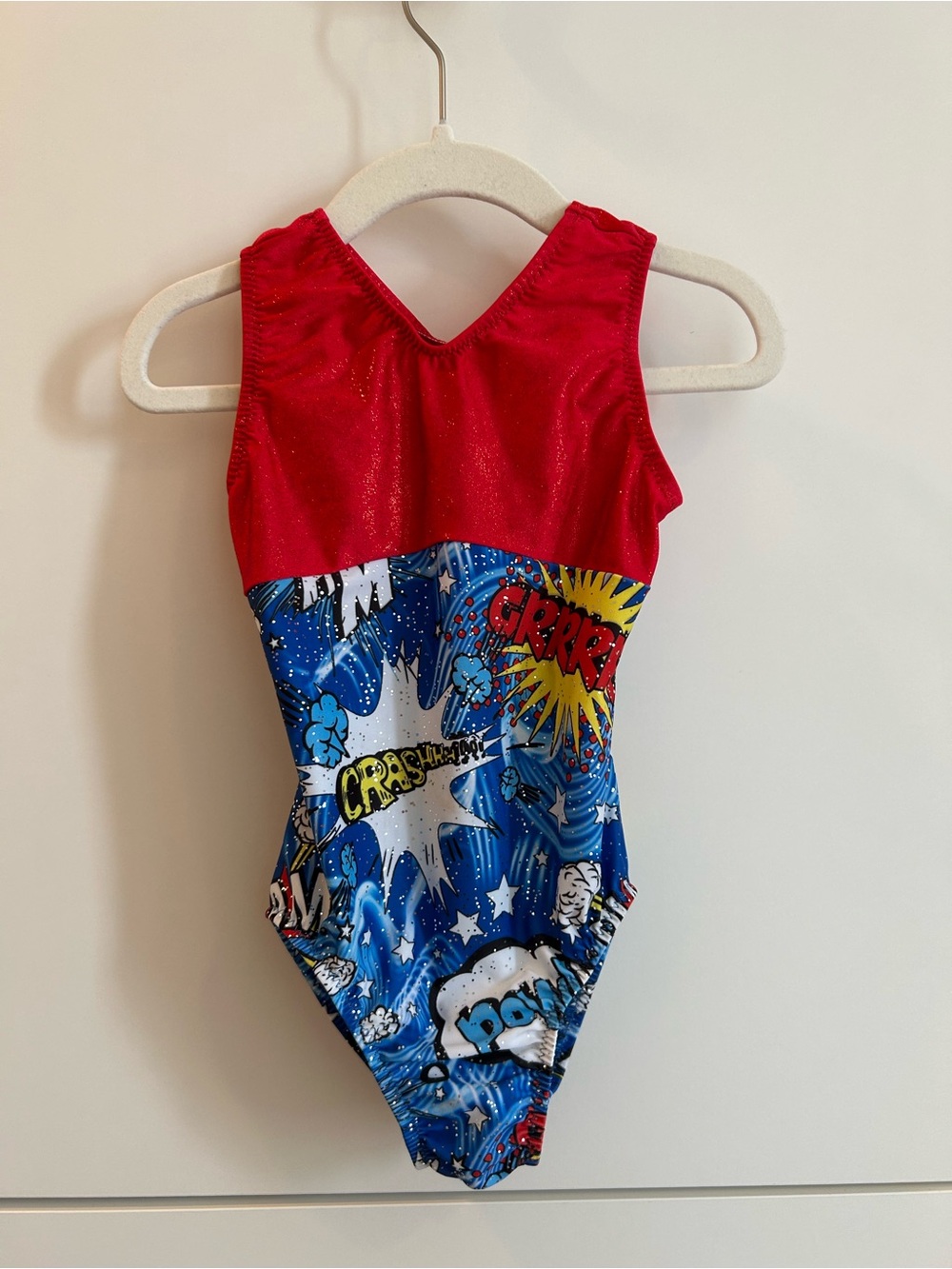 Kids Red and Blue Comic-Print Gymnastics Leotard Size Child’s XS